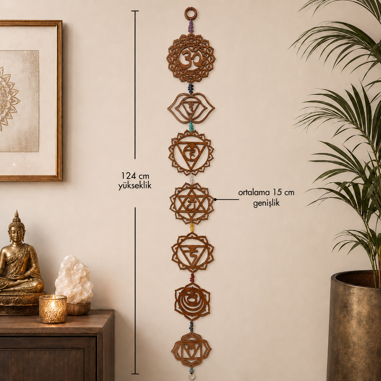 Ahşap Om ve 7 Çakra Sembollü Duvar Süsü – Doğal Taş Detaylı 124 cm