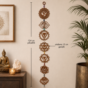 Ahşap Om ve 7 Çakra Sembollü Duvar Süsü – Doğal Taş Detaylı 124 cm