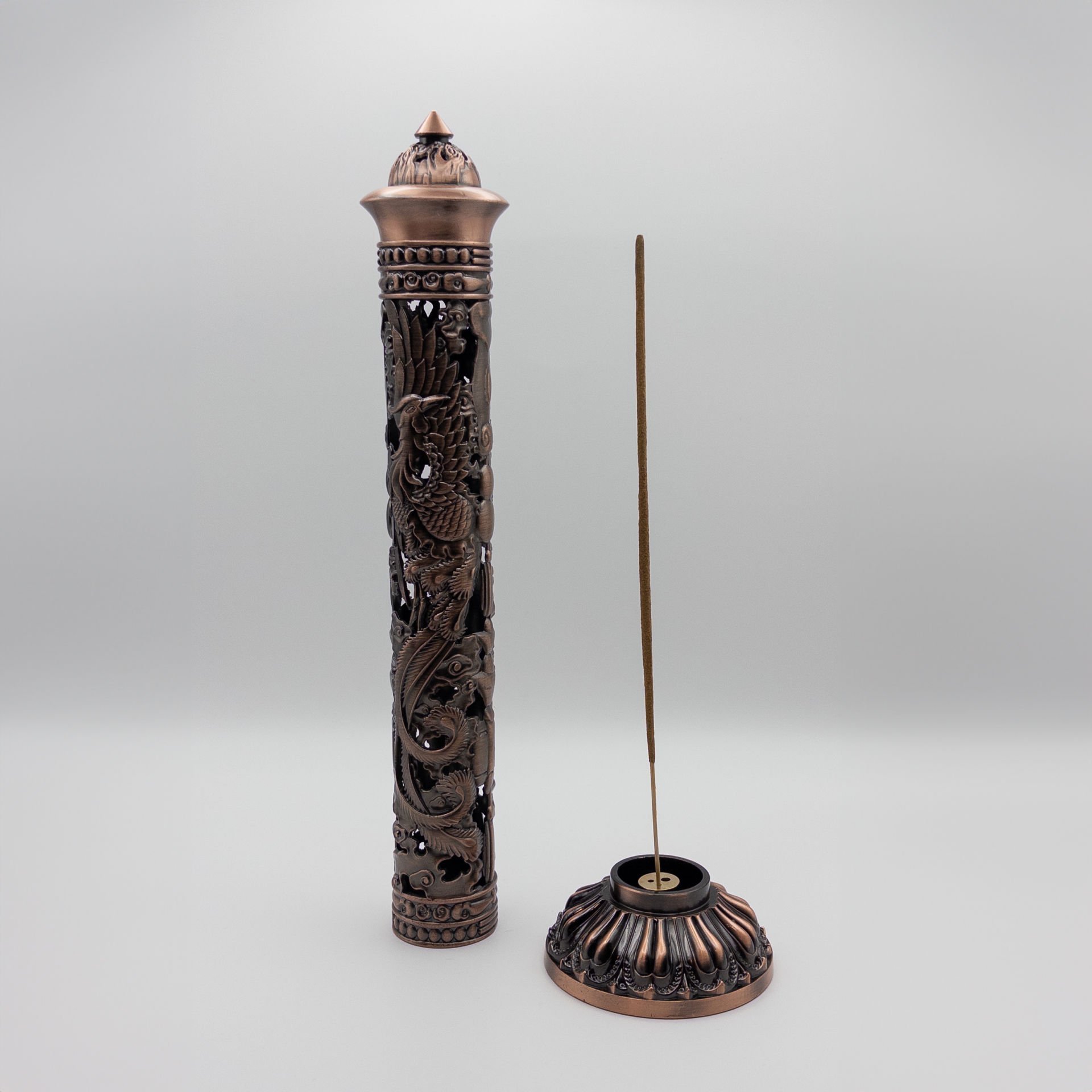 Ejderha ve Cennet Kuşu İşlemeli Dikey Bakır Tütsülük
