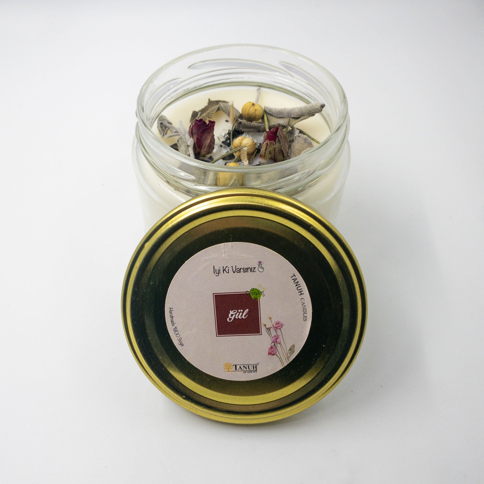 Doğal El Yapımı Mumlar (Gül, Paçuli, Amber, Sandal) %100 Vegan Gül