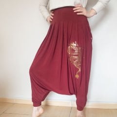 Bordo Renkli Ejderha Baskılı Şalvar