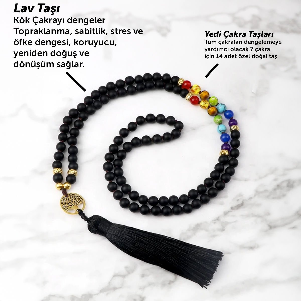 Lav Taşlı Yedi Çakralı Doğal Taş Kolye Püsküllü