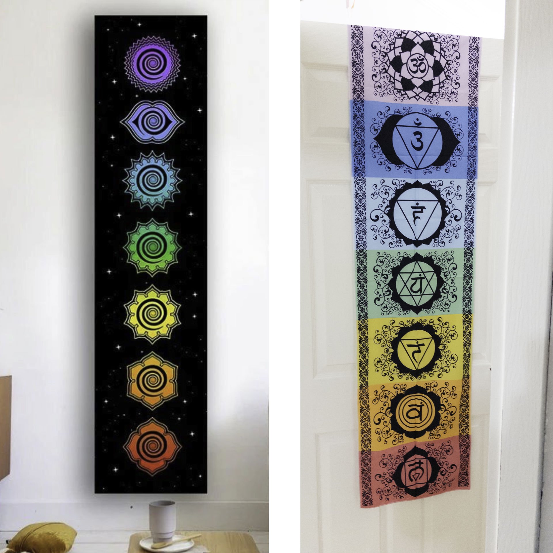 Yedi Çakra Sembollü Dikey Goblen Bayrak Beyaz / Siyah