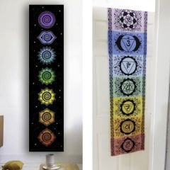 Yedi Çakra Sembollü Dikey Goblen Bayrak Beyaz / Siyah