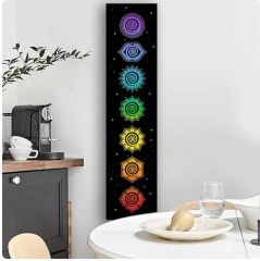 Yedi Çakra Sembollü Dikey Goblen Bayrak Beyaz / Siyah