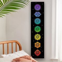 Yedi Çakra Sembollü Dikey Goblen Bayrak Beyaz / Siyah