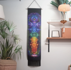 Yedi Çakra veya Buddhalı Siyah Püsküllü Dikey Duvar Asılı Goblenler Çakralı Siyah