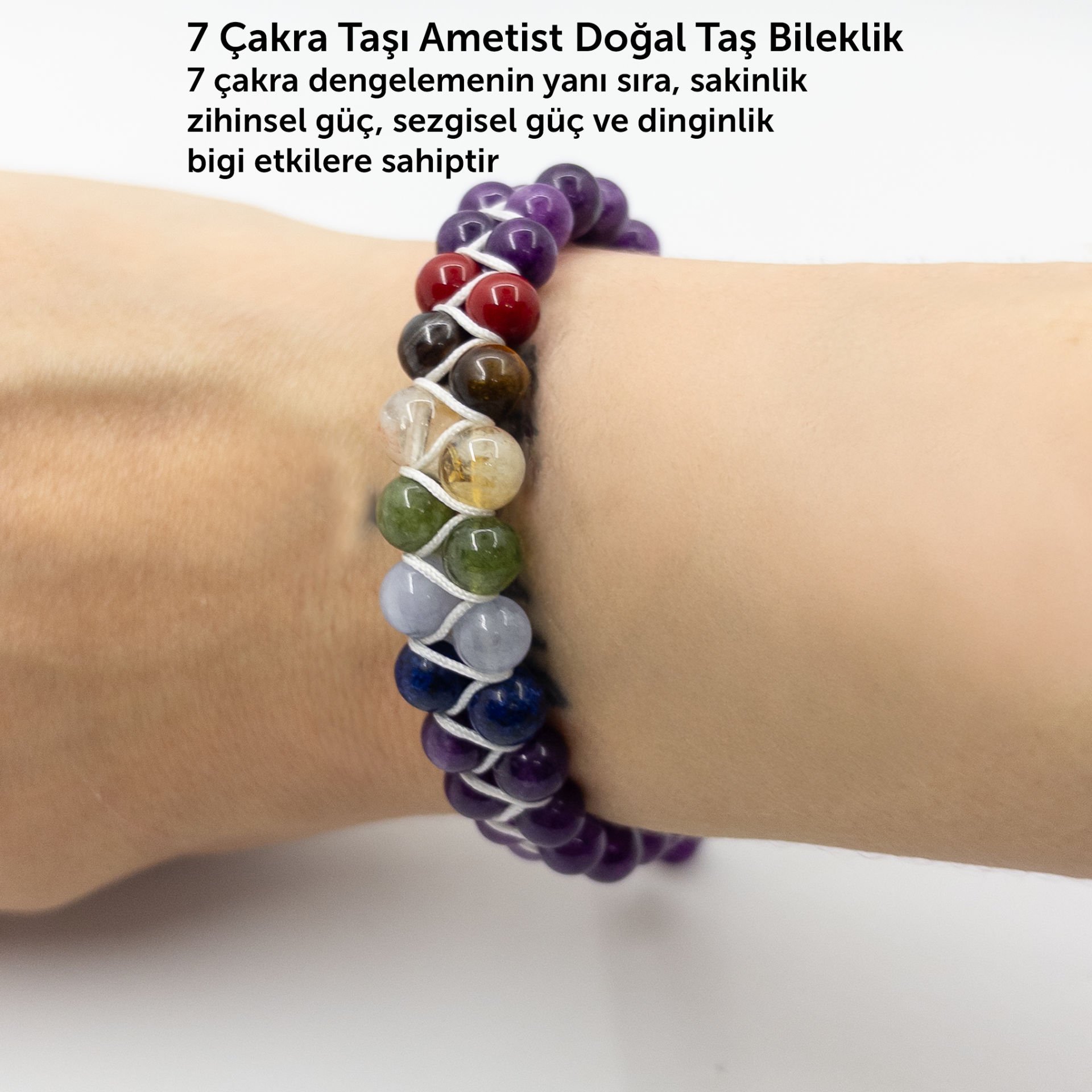 Çift Örgülü 7 Çakralı Ametist  Doğal Taş Örgü Bileklik