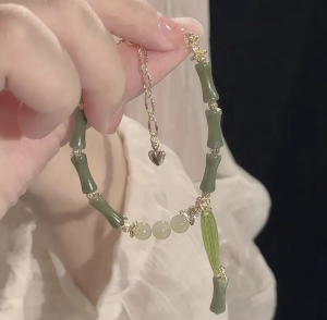 Zarif Zeytin Zümrüt Yeşili Bambu Yaprak Bileklik