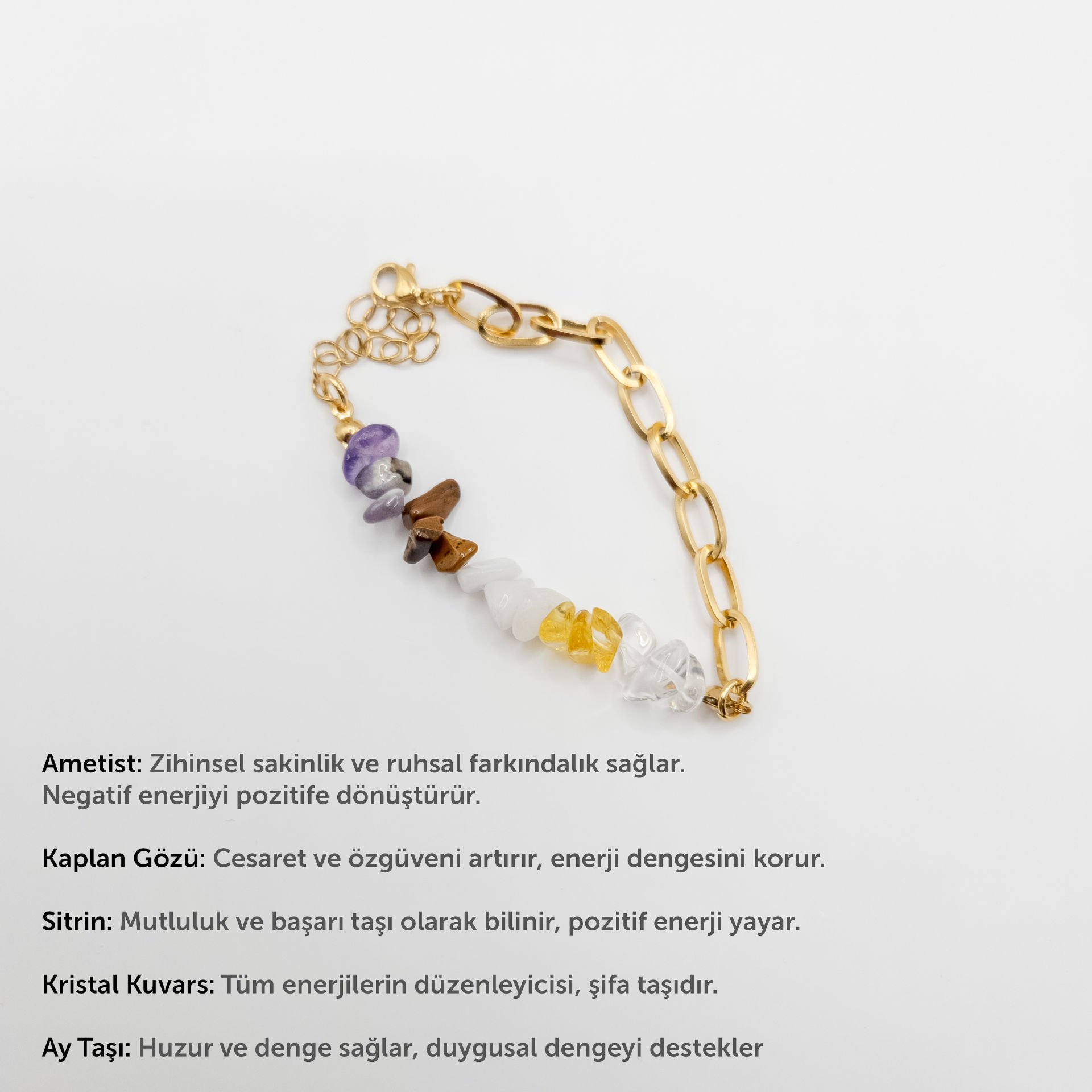 Doğal Taşlı Gold Zincir Bileklik Enerjinizi Pozitife Çevirecek Taşlarla