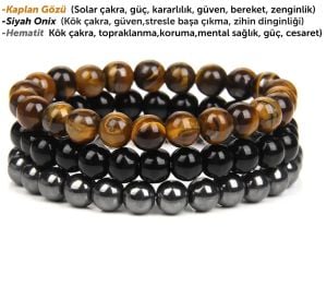 Kaplan'ın Enerjisi Bileklik Seti (Kaplan Gözü, Onix, Hematit) Üçlü Bileklik Set