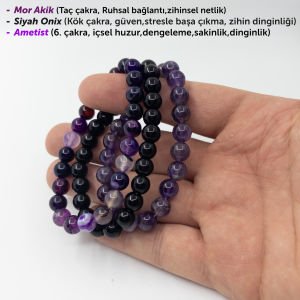 Enerji Harmoni Bileklik Seti (Ametist, Onix, Mor Akik) Üçlü Bileklik Set