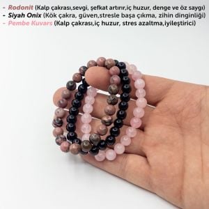 Şefkat ve Denge Bileklik Seti (Pembe Kuvars, Onix, Ridonit) Üçlü Bileklik Set