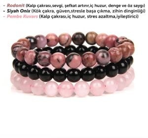 Şefkat ve Denge Bileklik Seti (Pembe Kuvars, Onix, Ridonit) Üçlü Bileklik Set