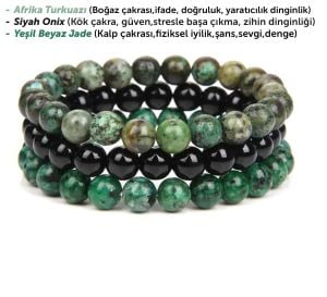 Doğanın Kalbi Bileklik Seti (Afrika Turkuazı, Onix, Yeşil-Beyaz Jade) Üçlü Bileklik Set